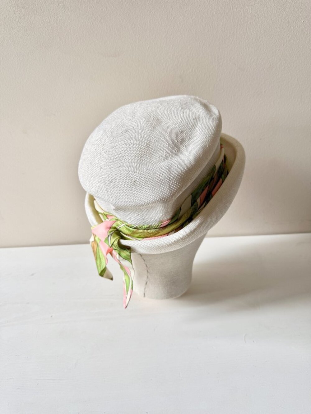 Vintage White Basketweave Green Pink Satin Twill Tie Bucket Hat